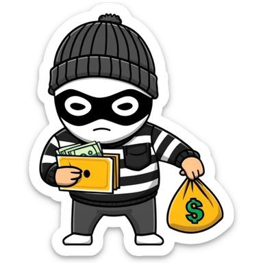 burglar wearing black and white striped shirt, black beanie, black mask over eyes, holding a moneybag sticker