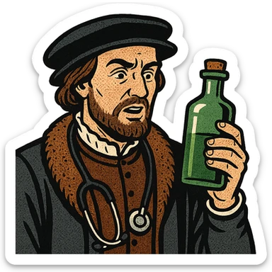 A male doctor from tudor england with his herbal medicine bottle sticker