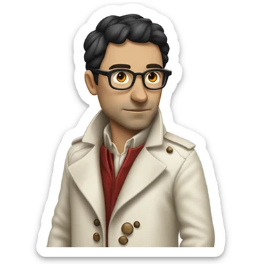 <excerpt>
A white man with real short Black hair, short mutton shops donning small red tinted sun glasses in a dirty white trench coat, is an alchemist.
</excerpt> sticker