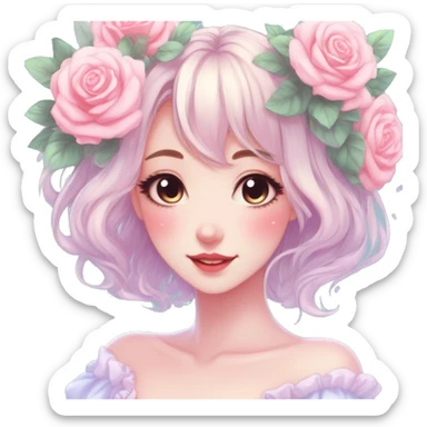 Gorgeous pastel anime style lady with blushing face and roses cottagecore fairycore pastelcore shiny colorful pearly petite simplistic aesthetic trending style sticker