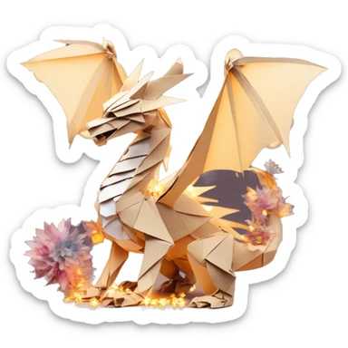 Beige Origami dragon made of newspapers on fire surrounded by fairy lights swirls covered in dried flowers bokeh library bunting floral flowers fire flames sticker