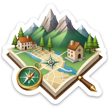 An icon featuring a local map, a compass, and regional landmarks, symbolizing local studies. The design includes a tree, mountains, and buildings, representing the unique geography and culture of a specific area. Transparent background highlights the exploration of local history and environment. sticker
