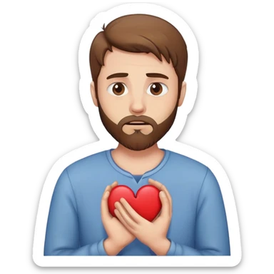 White man with brown hair and beard holding a broken heart with anxiety and begging sticker