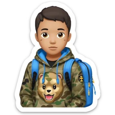 blasian teenager with bape hoodie and sprayground backpack sticker