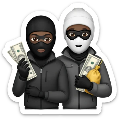 Two men one white and the other black one Ski mask holding money bag with black skin color black and white money bag sticker