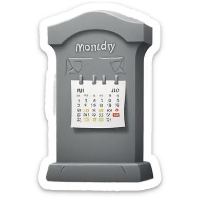 Grey tombstone calendar that says monday.  sticker