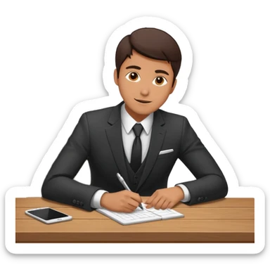 man sitting at table, dramatic pose, working hard, energetic sticker