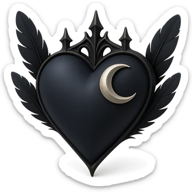 gothic heart in 3D black style, midnight blue satin texture, silver crescent moon, feather accents, moody and rich sticker