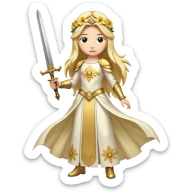 Lumine (from Genshin Impact) White and golden clothes, blonde, long-haired, with a big flower on side of head and with a sword (full body) sticker