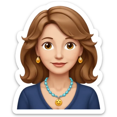 woman in her 50s, wavy light brown hair, wearing a necklace, gentle expression, emoji style sticker
