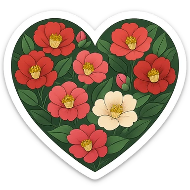 heart with a vibrant camellia garden, clean digital illustration sticker