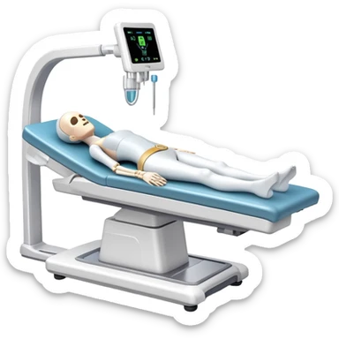 3D medical DEXA scan machine with patient lying on table, bone density measurement equipment sticker