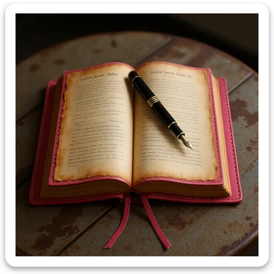 Change the leather cover of the diary to pink, diary open with a pen resting on the page, realistic and detailed style. sticker