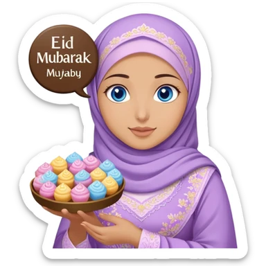 Turkish beautiful finish Konya girl blue eyes with lilac floral hijab islamic dress and had on her hand text Eid Mubarak with sweets and celebrating with her friends eid days   sticker