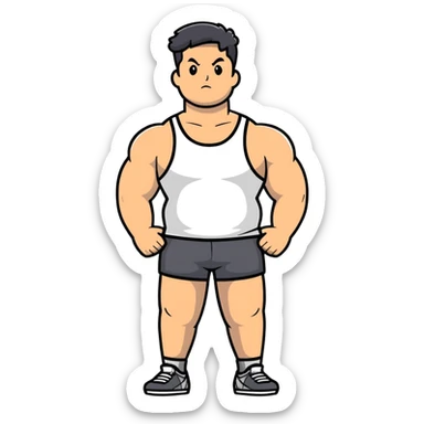 full body bulky male figure standing wearing athletic clothes, muscular build, not overweight but not skinny, tank top and shorts sticker