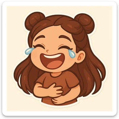 Create a chibi sticker of the girl with double bun hairstyle, laughing to tears, holding her stomach with one hand, very happy and joyful. sticker