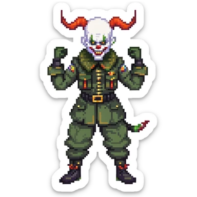 evil clown soldier, bald, short devil horns on forehead, fangs, pointed ears, black and military green clothes, fighting stance sticker