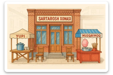 brohouse sartarosh xonasini chizib ber tashqaridan va uning yonida yupi va musqaymoq sotadigan lavkalar bulsin sticker