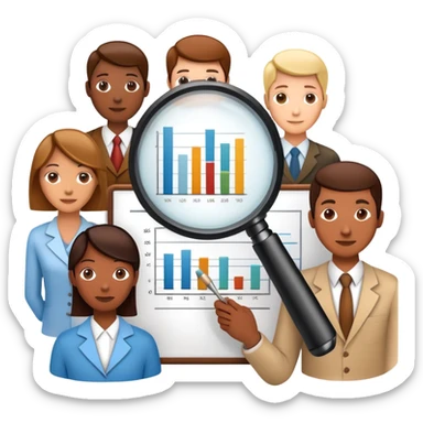 An icon featuring a group of diverse people, interconnected by lines, symbolizing sociology. The design includes a magnifying glass and a bar chart, representing the study of societies and social structures. Transparent background highlights the analysis of human behavior and social dynamics. sticker