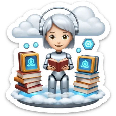 “A futuristic library floating in the clouds, filled with glowing books and holographic screens, with a friendly robot librarian.” sticker
