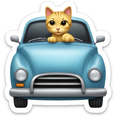 A cartoon emoji-style car with a curious cat peeking out from the open hood of the engine compartment. sticker