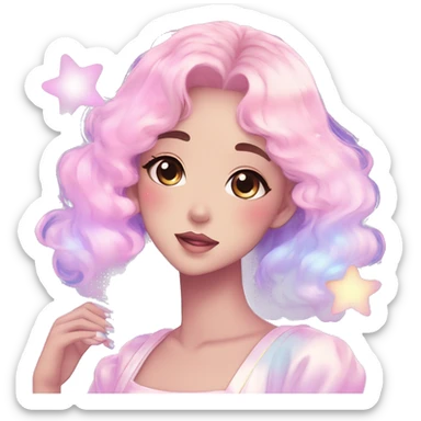 Gorgeous pastel anime style lady blushing nebula gradient sparkle face dreamy idol model colorful shiny stars galaxy kawaii cottagecore pearly petite simplistic aesthetic trending style sticker