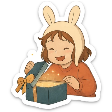 happy cutie girl in bunny hat opening a glittery gift box sticker