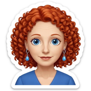 una profesora mayor simpática con el pelo rojo rizado, ojos azules, vestido azul y pendientes azules sticker