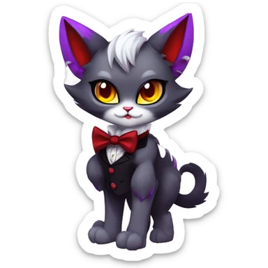 Anthro-Cute-Edgy-Vampiric-Batty-Cat-Black-Purple-Red-Grey-White-Yellow-Contrast-Colors-Fantasy-Fur-Sona-Chibi-Shiny-Fakémon-Hybrid with horns and big fangs collar bow ties leg spats full body sticker