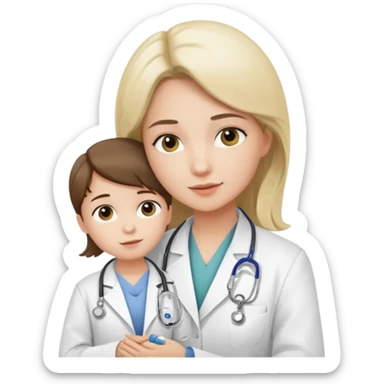 A young medic (woman) attending to a child patient at the local hospital sticker