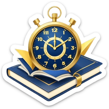 A navy blue productivity book with gold details, running clock and chart with upward trend aura, radiating productivity, strategy, and success in motion with time and happiness yellow... power in time sticker