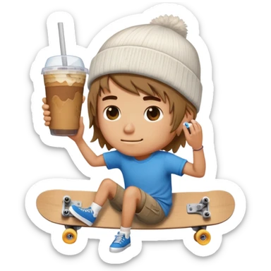 Skater Boi Boyfriend Emoji beanie, messy hair, bandaid, skateboard, iced coffee, chill eyes, sticker