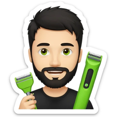 young handsome fair-skinned man with messy black hair and beard, smiling, wearing a black t-shirt, holding one small true-to-size bright lime green face beard trimmer, iOS emoji style sticker