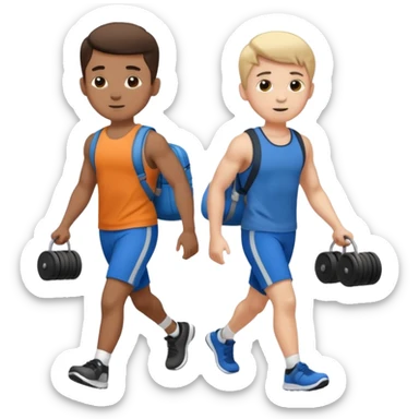 two boys walking, wearing gym clothes and carrying gym equipment, full body sticker