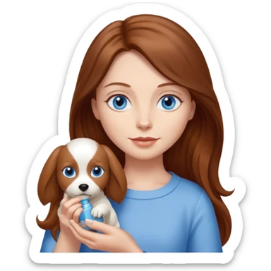 long hair chestnut color blue eyes woman holding small cream dog sticker