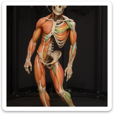 Hyperrealistic anatomical view of the same pose: tilted pelvis, valgus knee, pronated foot, with detailed visible bones and muscles, gym environment, 4K quality. Variant 4: highlight the involved muscles with different coloring. sticker