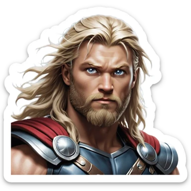 Cinematic Realistic Thor Portrait, depicted with lifelike skin texture and a commanding, muscular build that radiates divine strength. His piercing eyes, framed by rugged, flowing hair and a well-groomed beard, exude both determination and amiable authority. Clad in his signature armor with subtle hints of mystical lightning, the portrait is rendered in dynamic natural lighting with a radiant, heroic glow. sticker