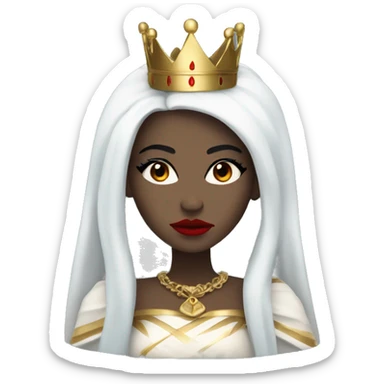 Queen with pale white skin, evil stare, icy blue eyes, bright red lips, long black hair, gold crown, and white robes. sticker