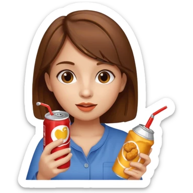 brown hair girl eating chicken nugget and holding a soda can sticker
