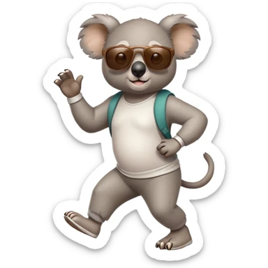 friendly anthropomorphised koala in casual clothing, wearing dark sunglasses, jogging upright in relaxed pose sticker