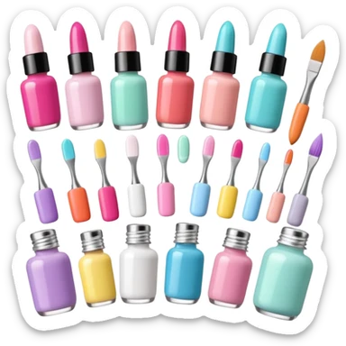 Minimalist nail art sticker pack featuring a cute female nail artist, nail tools like brushes and files, colorful nail polish bottles, small decorated nails, simple and clean design, pastel colors, kawaii style, delicate and charming, high-resolution, perfect for nail stickers sticker