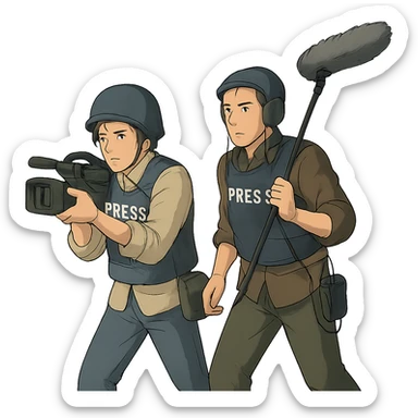  walking from left to right across frame: a cameraman, and a microphone operator, ONLY two people, war correspondents, tense moment sticker