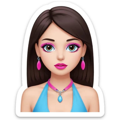 generate a pretty fair bratz girl with dark brown eyes, dark brown hair straight long. Wearing a hot pink halter neck top.  pink lipgloss. light blue eyeshadow sticker