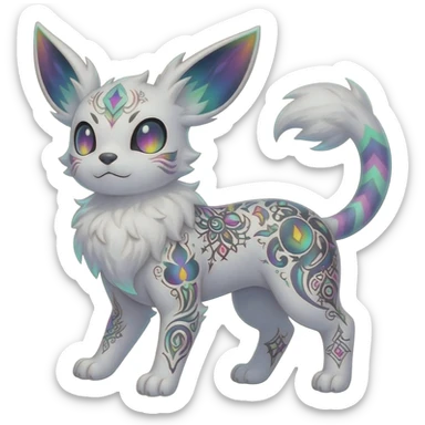 Rare neon iridescent white exotic cute epic aesthetic gothic colorful Salandit-Eevee-Civet-species-Fakemon-hybrid-creature, with intricate tattoo markings, full body sticker