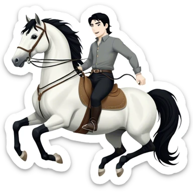 A hand-drawn, black-and-white digital illustration in a playful, cartoonish style. A man with solid black hair and solid black pants is riding a horse, holding the reins with confidence. He has a joyful and adventurous expression as the horse moves forward with energy. The horse has a flowing solid black mane and tail, with strong, bold lines emphasizing its movement. Its legs are slightly bent, giving a sense of action. The background is minimal, keeping the focus on the rider and the horse sticker