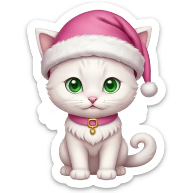 Cute White kitten with green eyes wearing pink Santa hat and pink Santa clothes sticker