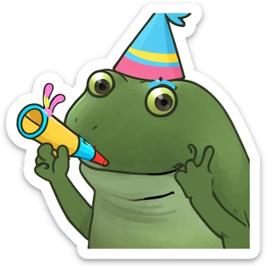 Party hat, confetti, happy, throwing hands up, celebrating, party blower in mouth   sticker