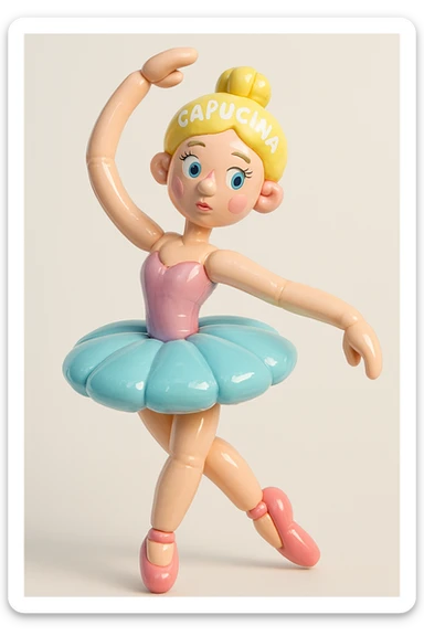 ballerina named Capucina, graceful pose, elegant tutu, soft colors, delicate and expressive, charming and whimsical sticker