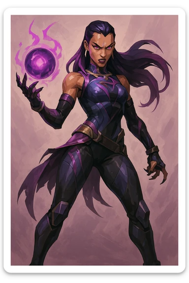 Valorant agent Reyna full body holding an orb, wearing purple and black outfit, fierce stance, energetic, digital illustration style sticker