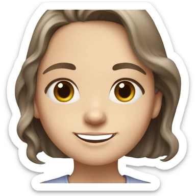 A white-skinned girl with slightly wavy brown hair just below her shoulders, gray eyes and a milky top smiles peacefully sticker